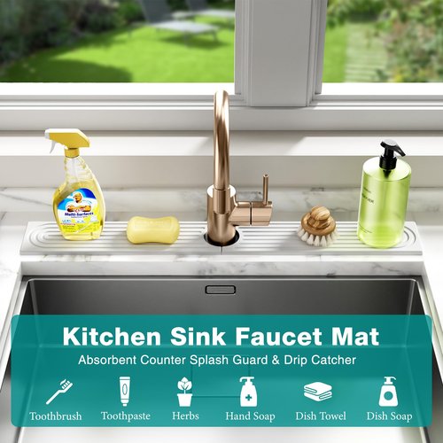 MAGKOTA Stone Faucet Mat for Kitchen Sink - Quick Dry Diatomite Sink Splash Guard, Prevents Moisture Buildup & Water Stains, Water Absorbing Stone Tray for Bathroom Countertop (White, 23.6" x 4")