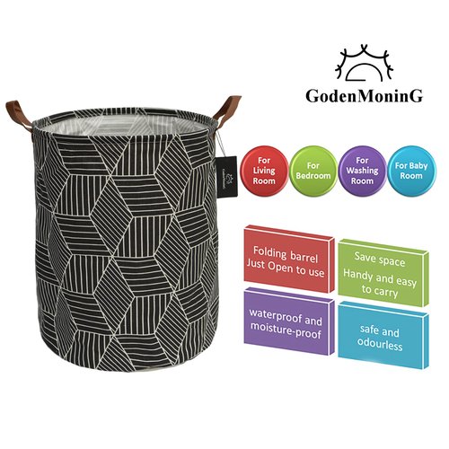 GodenMoninG laundry baskets,bedroom hamper,kitchen organization,Waterproof Round Cotton Linen Collapsible storage basket.-Black Geometric