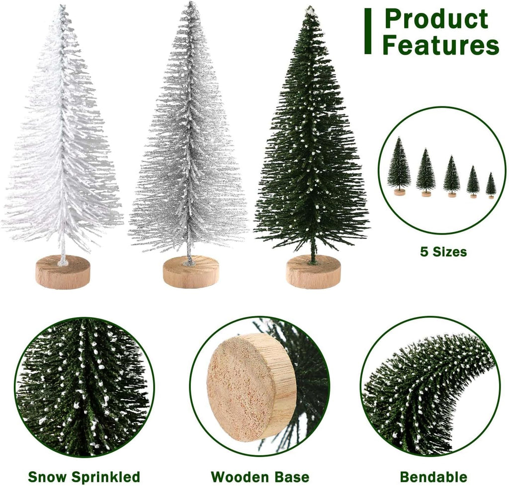 Skiennix Mini Christmas Trees - 30Pcs Artificial Bottle Brush Trees with Wooden Base for Festive Decor | Green, Silver, White