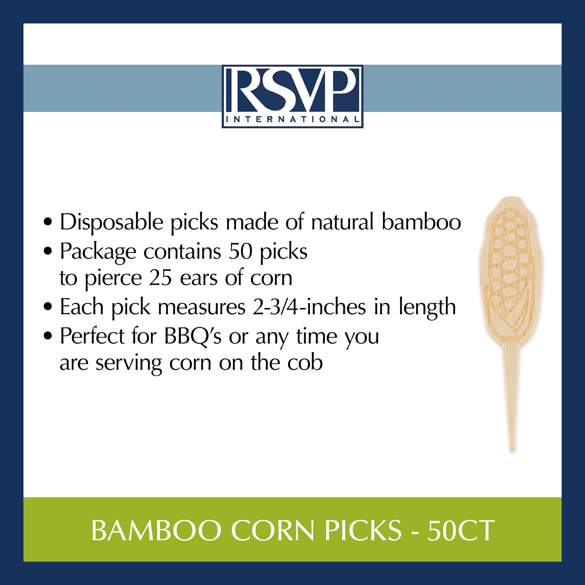 RSVP International Corn On the Cob Holders/Appetizer Picks Set Protect Hands from Heat & Mess, Disposable, 50-Count, Bamboo (Pack of 6)