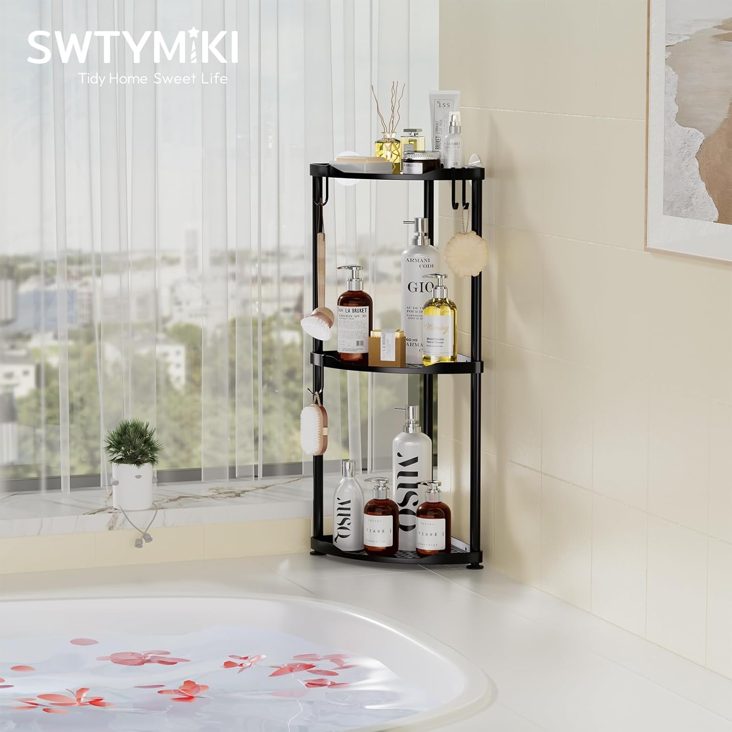 SWTYMIKI Corner Shower Caddy - 3-Tier Stainless Steel Organizer Stand with Hooks | Rustproof Bathroom Storage, Black