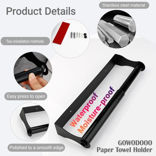 GOWODOOO Paper Towel Holder Under Cabinet,Paper Towel Holder,SUS304 Stainless Steel Alloy Kitchen Towel Holders,Self Adhesive Kitchen Roll Holder for Kitchen,Living Room,Bathroom(Matte Black)