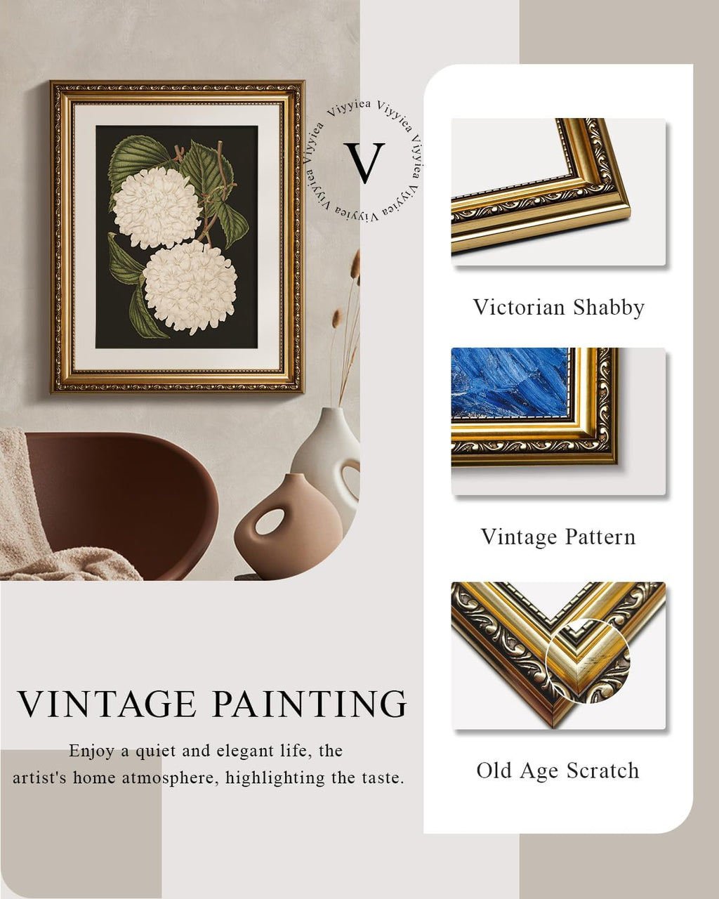 VIYYIEA Gold Framed Wall Art - White Hydrangea Canvas Print for Elegant Home Decor | 13x16in