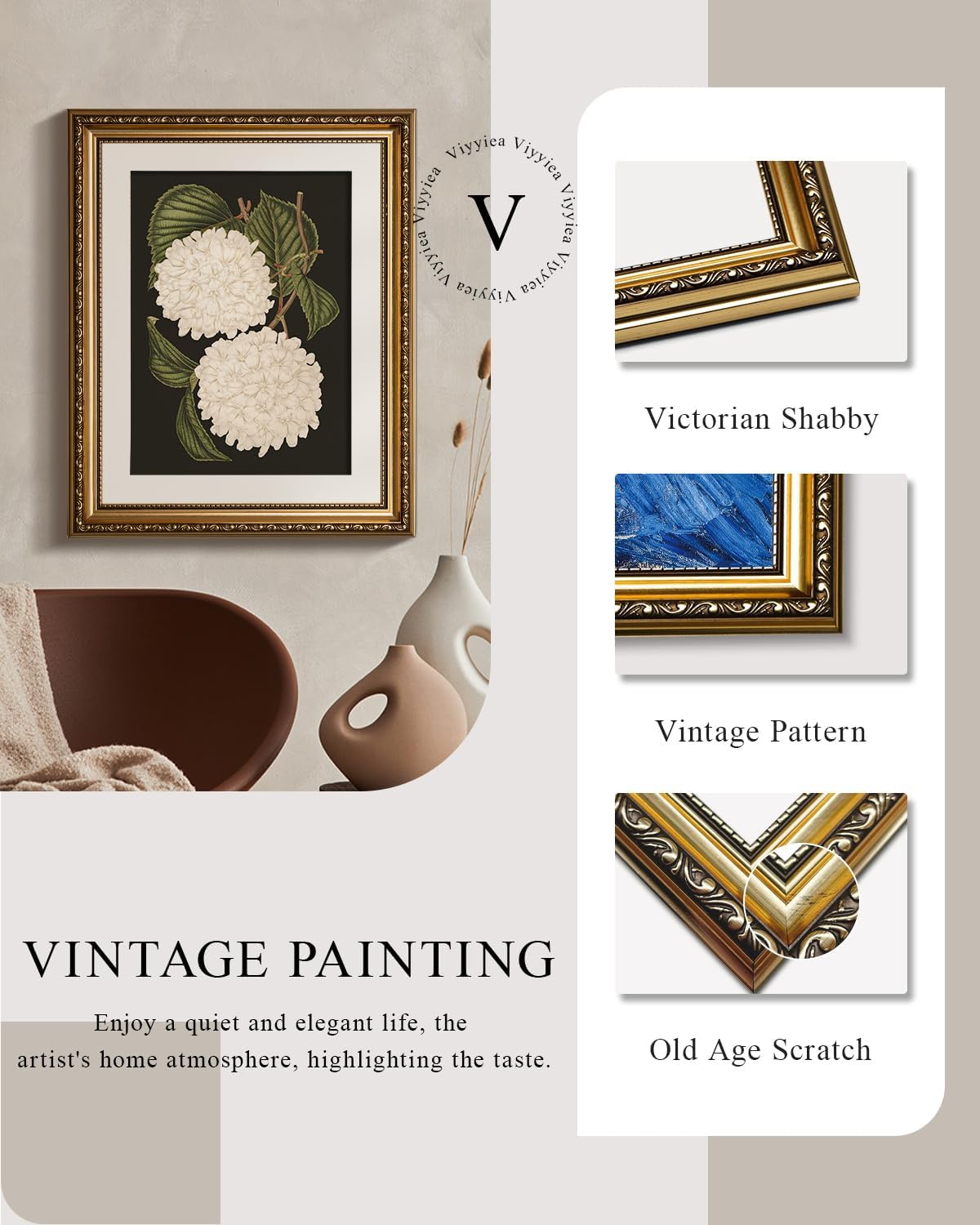 VIYYIEA Gold Framed Wall Art - White Hydrangea Canvas Print for Elegant Home Decor | 13x16in