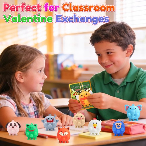 LUBUYILD Valentines Day Cards for Kids School - 24 PCS 3D Animal Pop Suction Toys with Valentines Cards, Cute Unique Class Exchange Gifts, Party Favors and Classroom Prizes for Boys Girls