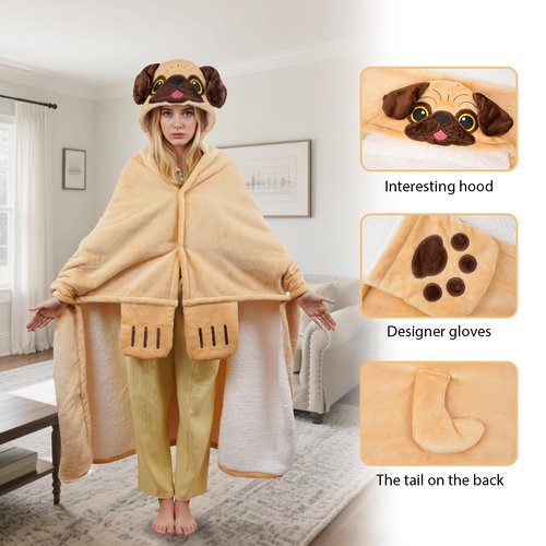 Tian Zhun Pug Gifts for Women Pugs Lovers Pug Wearable Blanket Fluffy Super Soft Flannel Adult Animal Hooded Blanket for Women Mothers Day Christmas Birthday