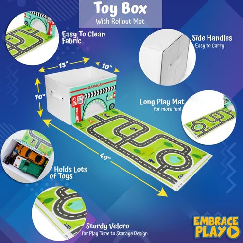 EMBRACE PLAY Toy storage box with car rug play mat - Toy box for boys and girls - 2 in 1 collapsible toy car storage- toyboxes for children - toy boxes for kids (WHITE)
