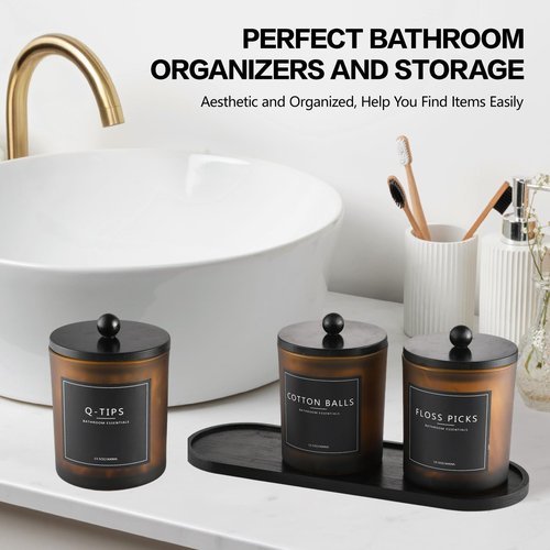 3 Pack Qtip Holder Bathroom Set,Cotton Ball Swab Pad Holder Cotton Round Floss Pick Dispenser with Tray,Glass Apothecary Jars with Lids,Bathroom Organizers and Storage Canisters-Amber