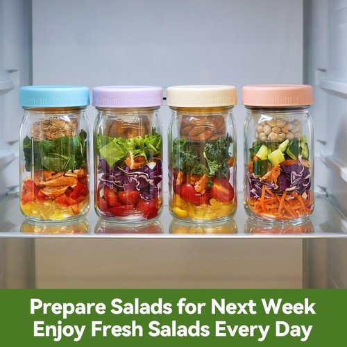 BLAZPATH 4 Pack Glass Salad Mason Jars with Dressing Cup, 32 oz Mason Jars Salad Container with Lids Meal Prep for Lunch, 2 Insert Separate Cups with Divider for Dressing and Dry Ingredients