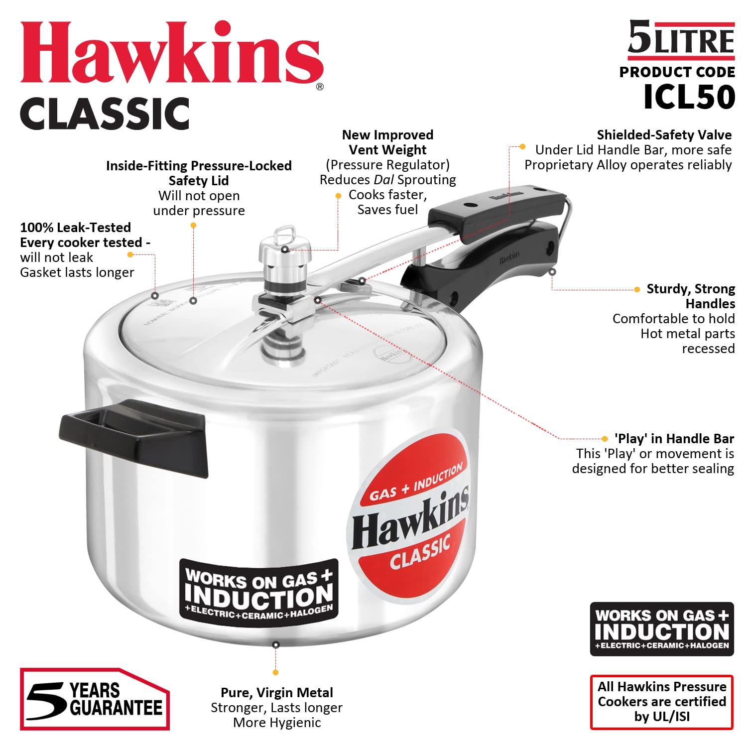 Hawkins Aluminium Classic Pressure Cooker, Induction Inner Lid Cooker, Pan Cooker, Best Cooker, Silver Icl50 5 Litre