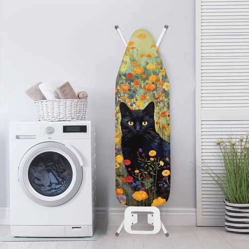 GLENLCWE Black Cat Floral Ironing Board Cover Standard Sizes 15x54 Inch,Cute Cat Print Iron Board Cover Replacement Protector with Elastic Edge and Hook and Loop