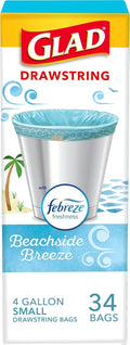 Glad Odorshield Small Drawstring Trash Bags - 4 Gal, Febreze Beachside Breeze Scent, 34 Count