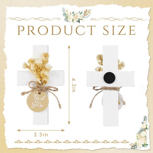 Flutesan 48 Sets Baptism Favors for Guests First Communion Wooden Cross Fridge Magnets with Flower and Bag, Christian Souvenirs Gift for Party Decoration, Baby Shower, Kitchen Decor (Classic,White)