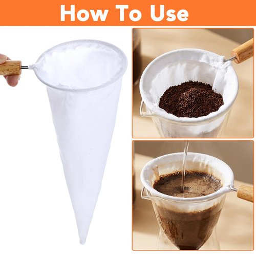 2Pcs Coffee Strainer Cloth, Reusable Flannel Cloth Filter Coffee Pour Over Filters with Wood Handle Handmade Tea Sock Strainer (White)