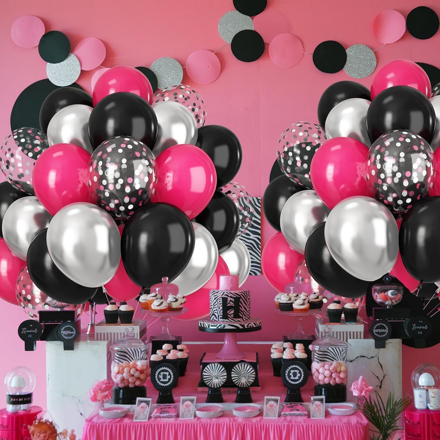 Skiennix 12-Inch Black & Hot Pink Balloons - 60 Pack for Birthday Parties & Celebrations | Gender Reveal Decor