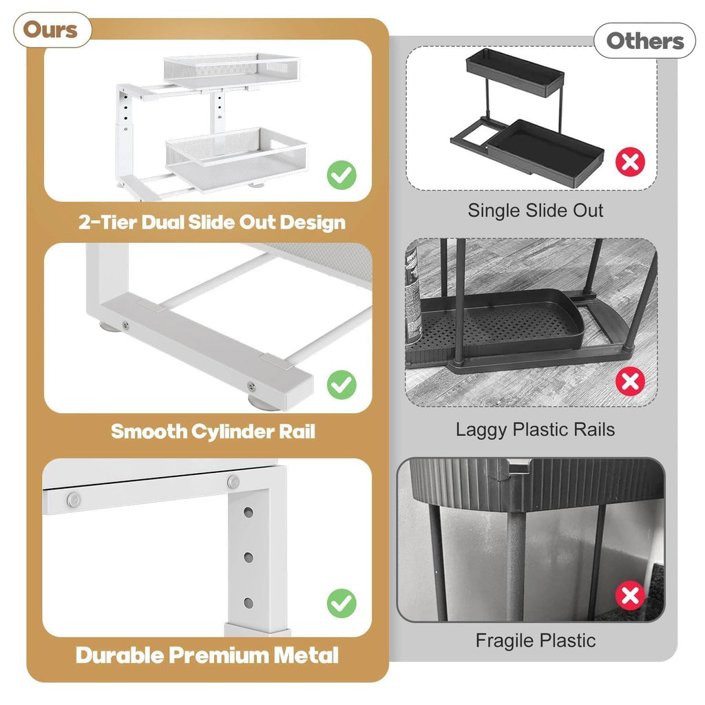 Under Sink Organizer, 2-Tier Dual Pull Out Cabinet Organizer Drawers With Smooth Circular Rail, Large Capacity Metal Mesh Sliding Shelves For Bathroom& Kitchen Storage,Height Adjustable–White,2 Packs