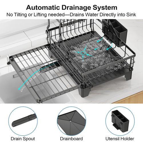 GSlife Large Dish Drying Rack 2 Tier, Expandable Kitchen Dish Drainer for Pots and Pans, 360° Swivel Spout, Rust-Resistant Metal Dish Rack with Utensil & Cup Holder, 16.9" W x 14.4"-22.4" L, Black