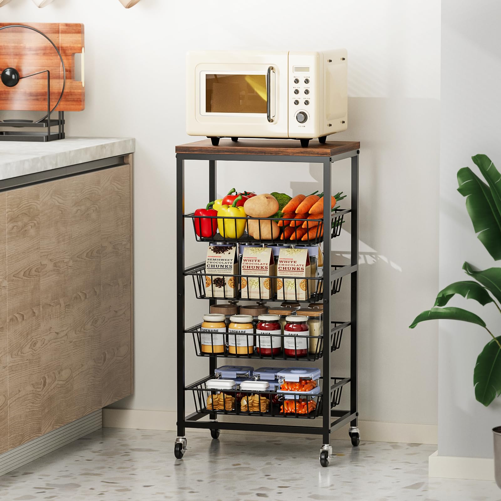 Venkuber Fruit Vegetable Cart, 4-Tier Snack & Kitchen Cart on Wheels with Storage, Pull-Out Baskets & Wood Top, Rolling Organizer for Pantry, Living Room (Brown)