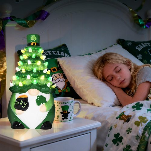 KnomeKo St Patricks Day Decorations, St Patricks Day Gnomes Ceramic Tree Lighted Gnome Leprechaun Decorations, Irish Shamrock Table Decor Gifts