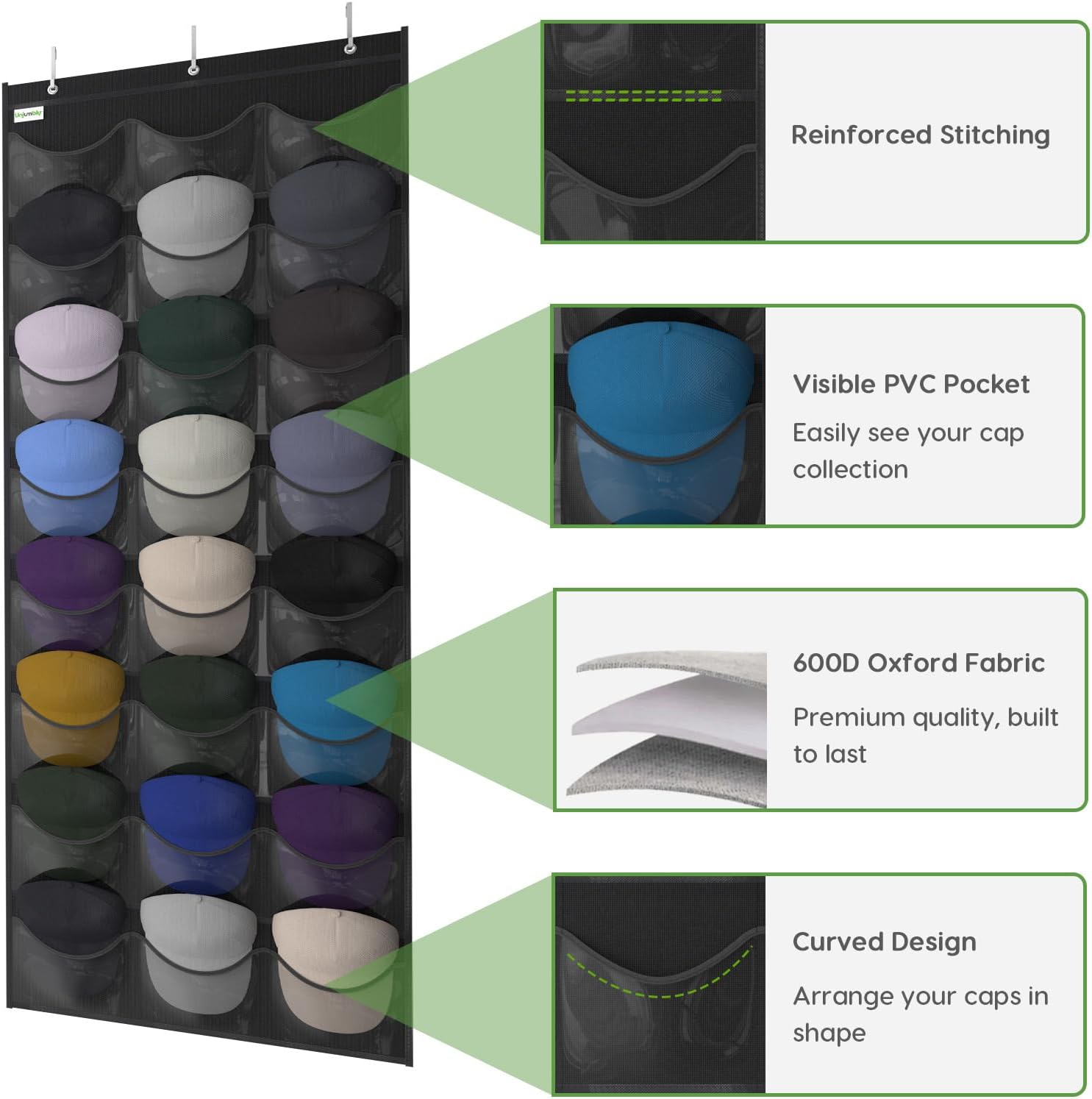 Unjumbly Baseball Hat Rack - 24 Pocket Over-The-Door Organizer with Clear Pockets | Black