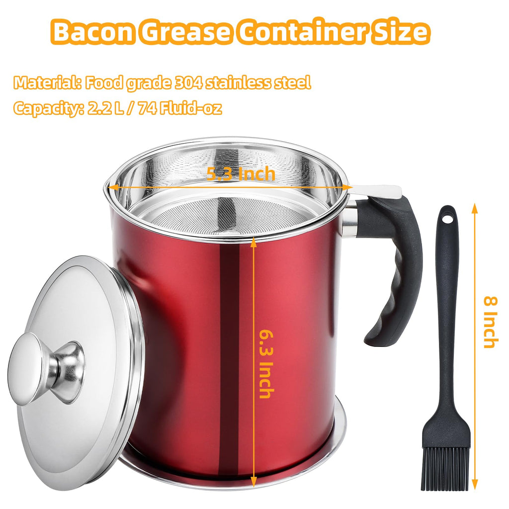 Kaemi 2.2L / 74OZ Bacon Grease Container with Strainer, Red Grease Keeper Can Oil Storage Catcher for Kitchen with Lid and Easy Grip Handle for Storing Meat Frying and Cooking Oil
