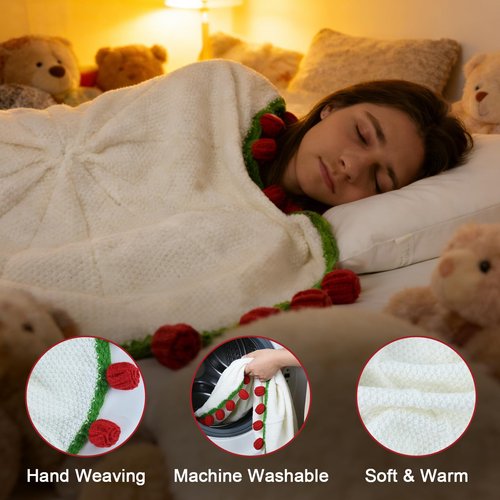 Sokfone Flower Blanket - Crochet Rose Blanket with Bouquet Blankets, Knitted Throw Blankets for Birthday, Wedding, Anniversary,Home Decor (43 inch - Finished Red)