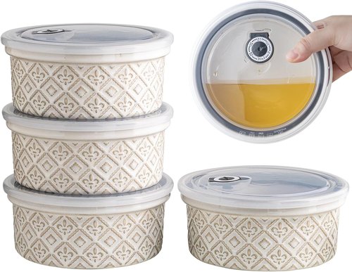40 Oz Ramekins - Ceramic Airtight Bowls Set of 4 | Large Mixing Bowls with Lids for Salad, Soup, Pasta & Baking - Beige