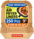 Unbleached Parchment Paper Liners - 250 Pcs 9" Square Disposable Air Fryer Liners | Non-Stick & Leakproof