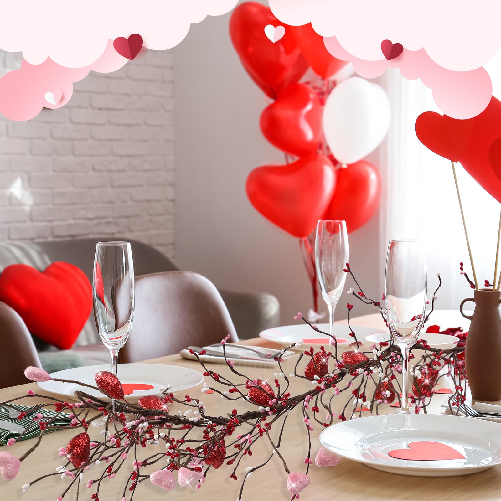Yuxung Valentine's Day Glitter Garland with 30 Fairy Lights 4.5ft Pip Berry Cherry Blossom Garland LED Christmas Lights for Valentine's Day Wedding Party (Red, Pink)