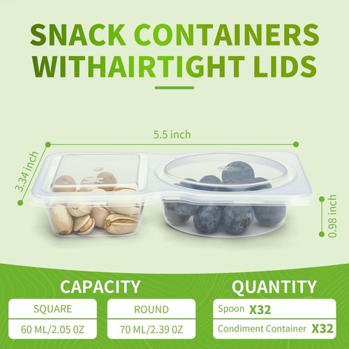 64 Pcs Reusable Snack Containers, 32 Sets Condiment Container and 32 Spoon, Double Compartment Dipping Containers with Lids, Portion Control, Outdoor Takeaway Sauce Dip Case, BPA-Free, Microwave Safe