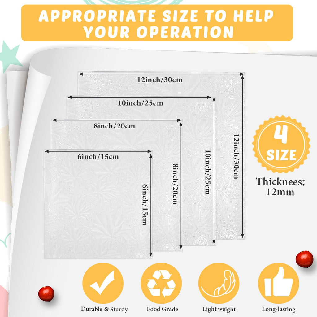 Baderke 12 Pcs White Square Cake Drums Assorted Size 6/8/10/12 Inch, 1/2 Inch Thick Square Cake Board Drum Fully Wrapped Foil for Christmas Baking Desserts Pastries, White Leaf Style