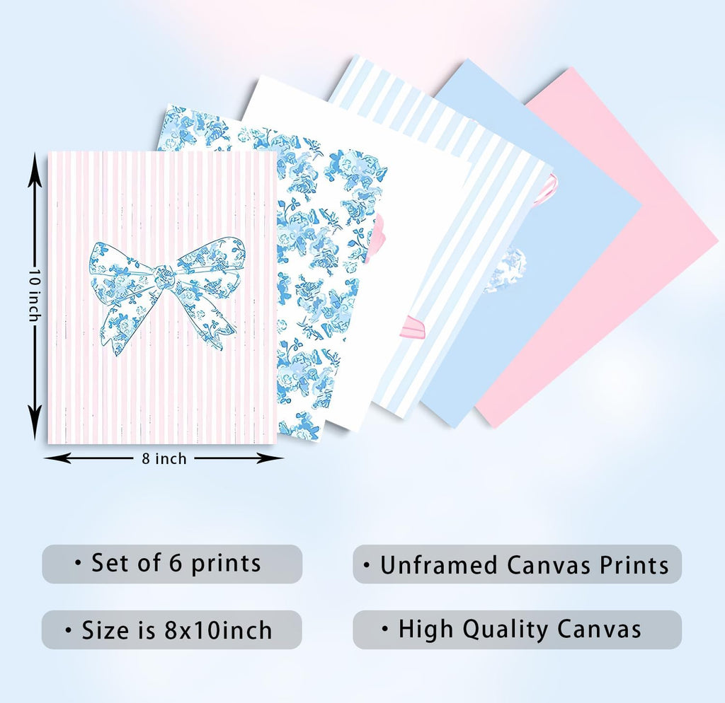 Skiennix Floral Bow Wall Art - Trendy Chinoiserie Watercolor Heart Canvas Prints | Unframed 8x10in