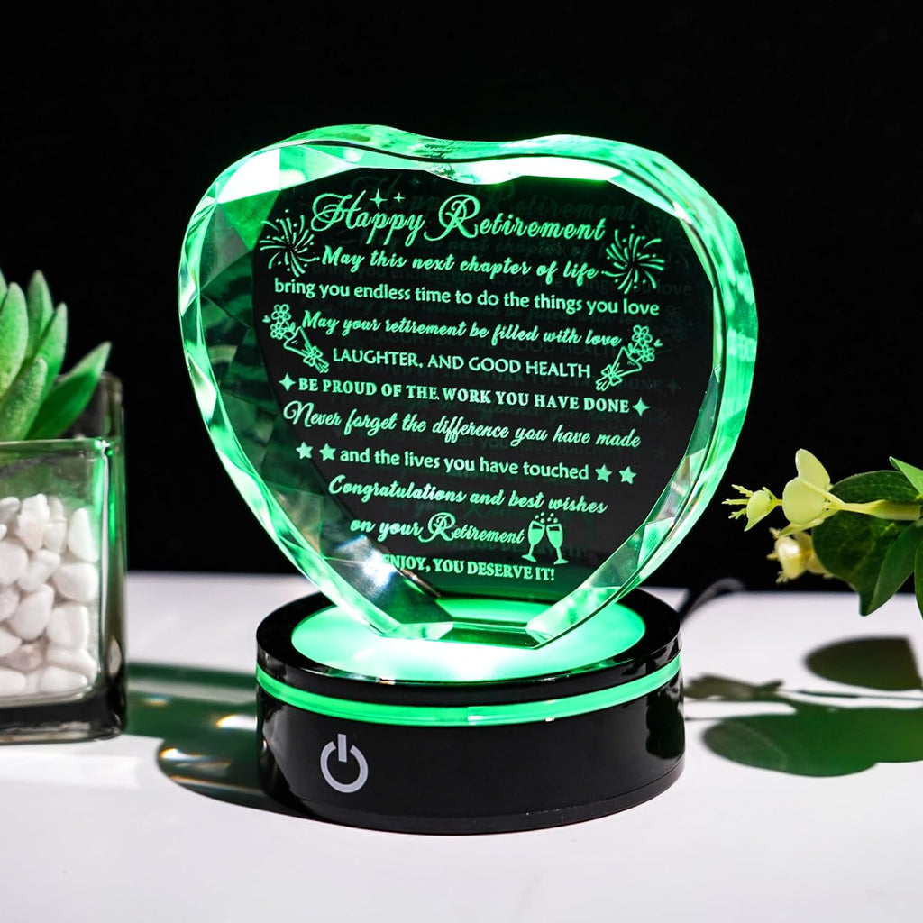 YWHL Retirement Gifts - LED Base Crystal Heart Keepsake | Perfect Farewell Gift for Retirees, Friends & Bosses