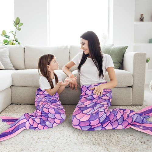 WERNNSAI Mermaid Tail Blanket - Plush Mermaid Wearable Blanket for Girls Teens All Seasons Soft Flannel Snuggle Blanket Scale Sleeping Bag Kids 55" x 24" (Purple)