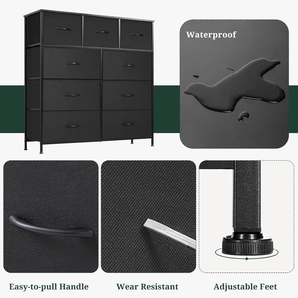 Regine Switzerland 9-Drawer Dresser - Anti-Tip Storage Organizer with Wooden Top & Metal Frame | Black
