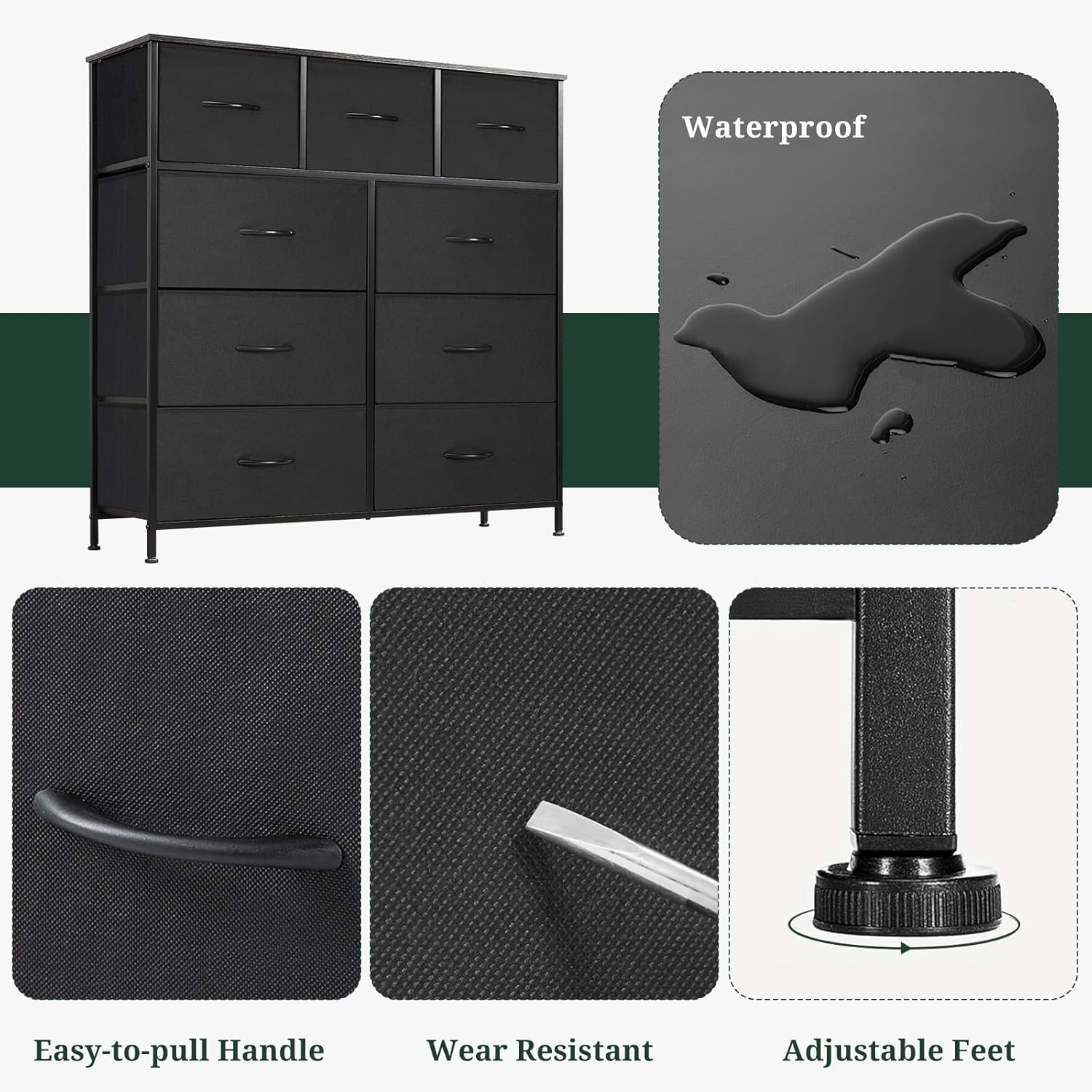 Regine Switzerland 9-Drawer Dresser - Anti-Tip Storage Organizer with Wooden Top & Metal Frame | Black
