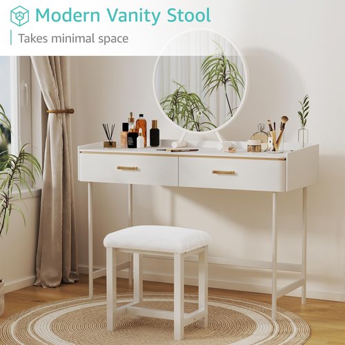 Small Vanity Stool, Cute Vanity Stools with Soft Faux Rabbit Fur Cushion, White Makeup Vanity Chair for Small Spaces, Living Room, Bedroom, Entryway, Ottoman Foot Rest for Couch Sillas Modern