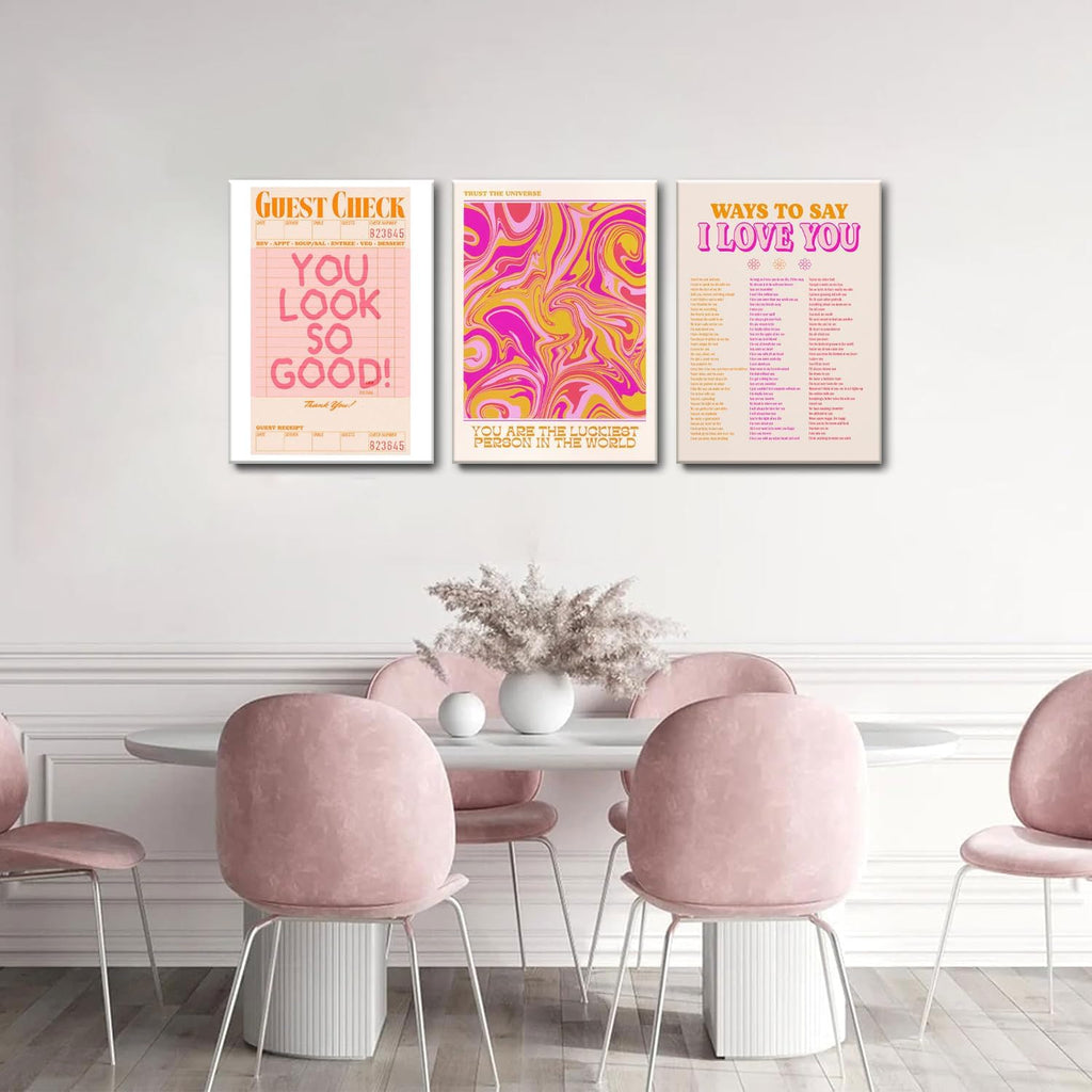Pink Wall Decor - Canvas Art Set of 3 | Abstract Love Posters | Unique Framed Room Decor for Teens - 12x16''