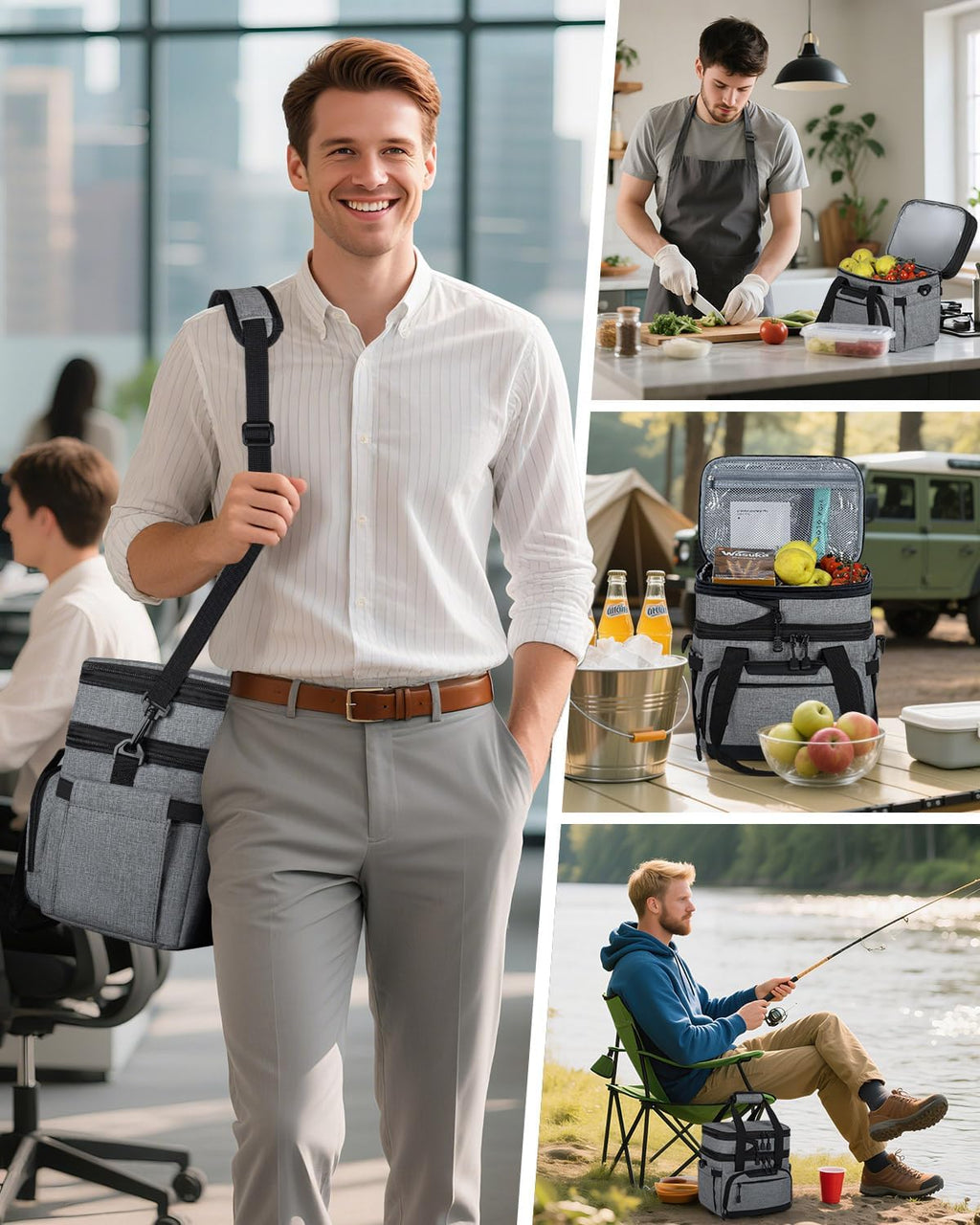 Skiennix Large Insulated Lunch Box - Dual-Compartment Cooler Bag for Work & Picnic | Grey 24-Can (14L)