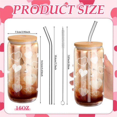 Yetene 2 Sets White Hearts Glass Cups, 16 oz Valentine's Day Tumbler Glasses with Bamboo Lids and Straws Iced Coffee Clear Glass Drinking Cups for Galentines Party Couple Lover Birthday Gifts