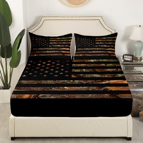 American Flag Camo Bedding Set Queen,Military Hunting Bed Sheets Rustic Tree Leaves Camouflage Bed Sheet Set For Boys Teens Kids Man Nature Conifer Oak Branches Fitted Sheet & Flat Sheet 4 Pcs