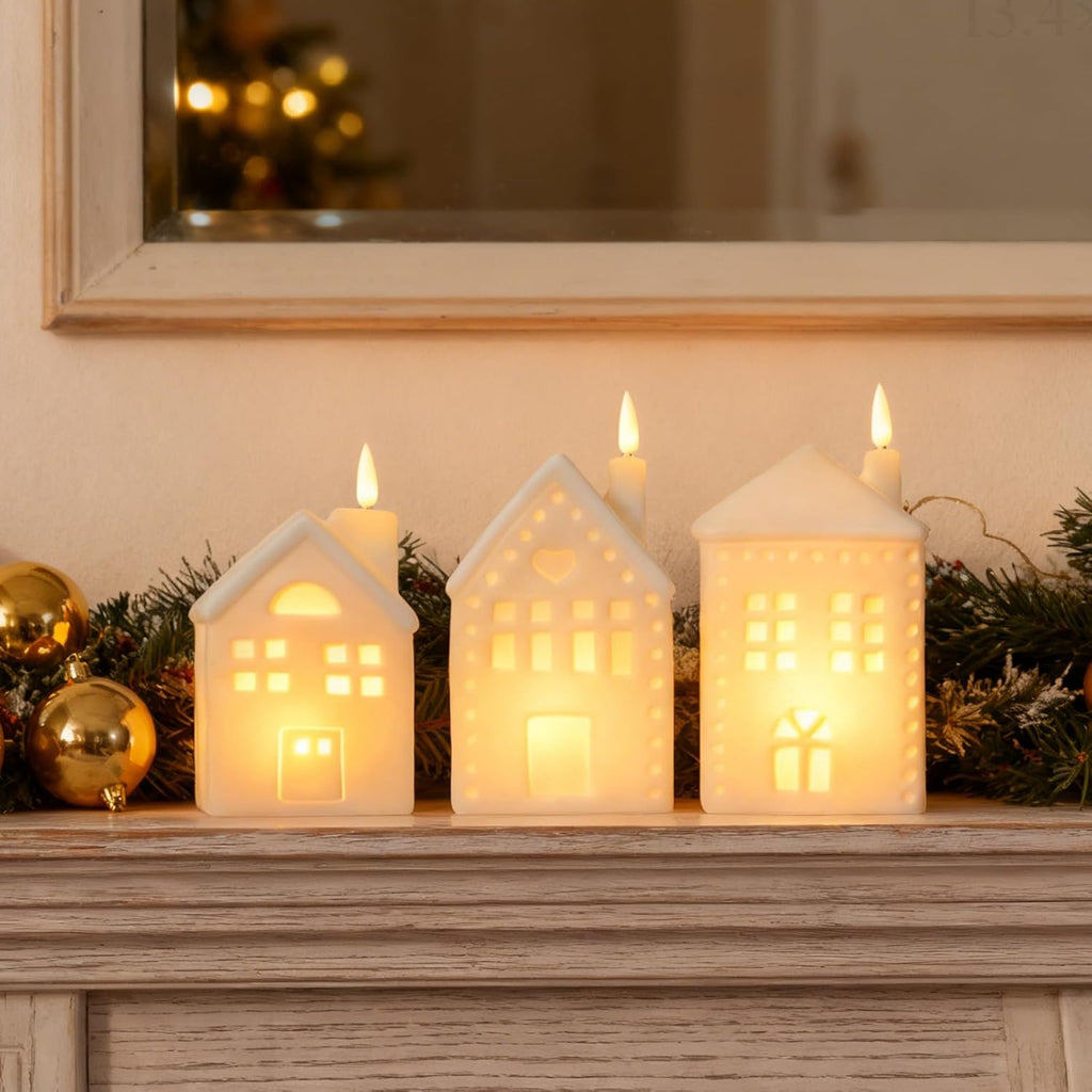 WDS WONDROUS Ceramic Christmas Village Set - Light-Up Tabletop Decor | Set of 3 Flameless Candle Houses