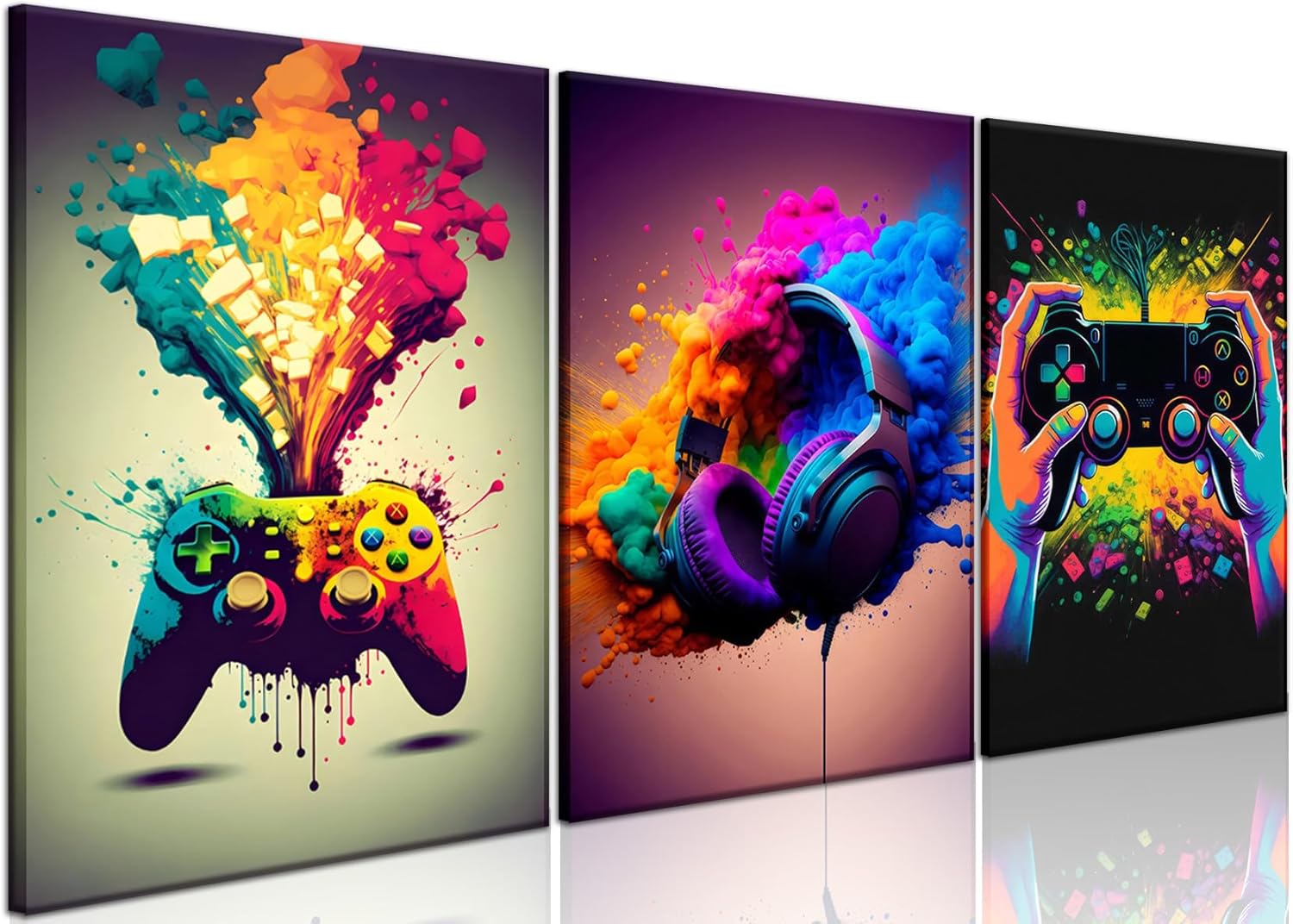 Skiennix Gaming Room Decor - Set of 3 Framed Canvas Posters for Boys' Bedrooms | 16x24 in