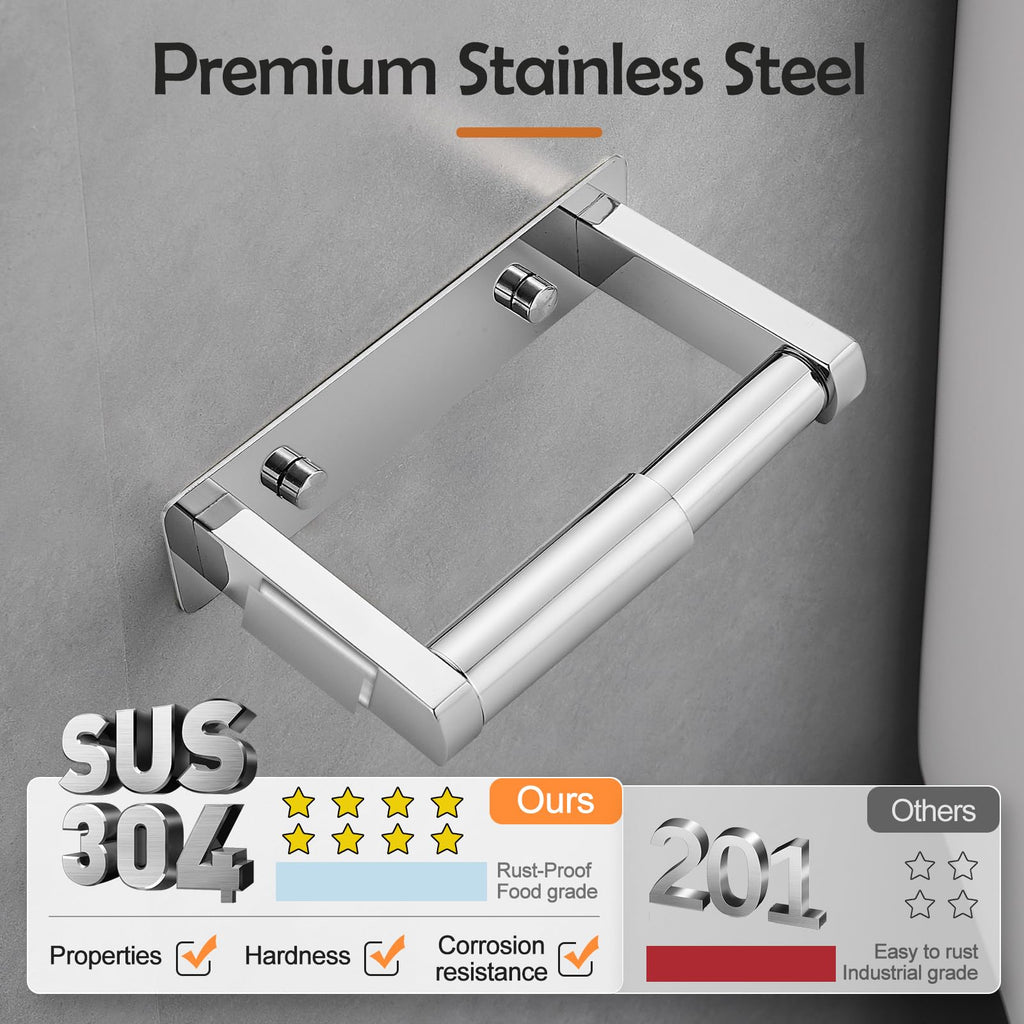 Pokim Polished Chrome Toilet Paper Holder,Self Adhesive or Screw Wall Mount Toilet Roll Holder Stainless Steel Double Post Tissue Holder for Bathroom,Commercial Toilet Paper Dispenser