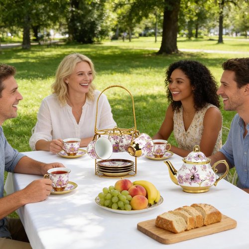 20 Pcs Porcelain Tea Set With Metal Holder,European Ceramic Tea Party Set for Adults,700ml Teapot,Beautiful Tea Cup Gift Sets for Home&Party (Cup-160ml)