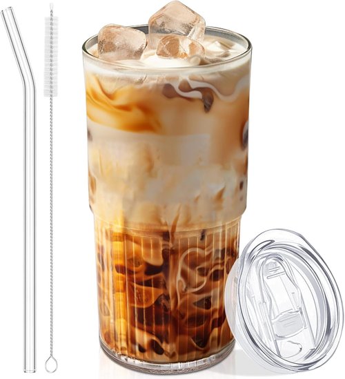 Luiaiog Glass Cups with Lids & Straws - 18.5oz Reusable Tumbler, Shatter-Resistant Design for Iced Coffee & Smoothies