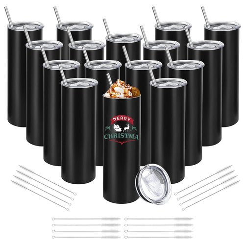 YOUKE OLA 16 Pack Stainless Steel Skinny Tumblers Straight Double Wall Insulated Tumbler Bulk with Lid and Straw for, DIY Gift, 20oz Black