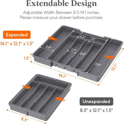 Lifewit Silverware Drawer Organizer, Expandable Utensil Tray for Kitchen, BPA Free Flatware and Cutlery Holder, Adjustable Plastic Storage for Spoons Forks Knives, 8.5-14 x 12", Dark Gray