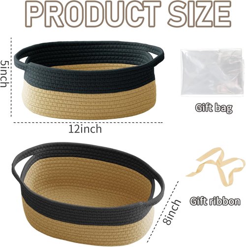 JMvicyroam Woven Storage Baskets - Small Rope Bins with Handles for Organizing | Black & Jute, 3-Pack