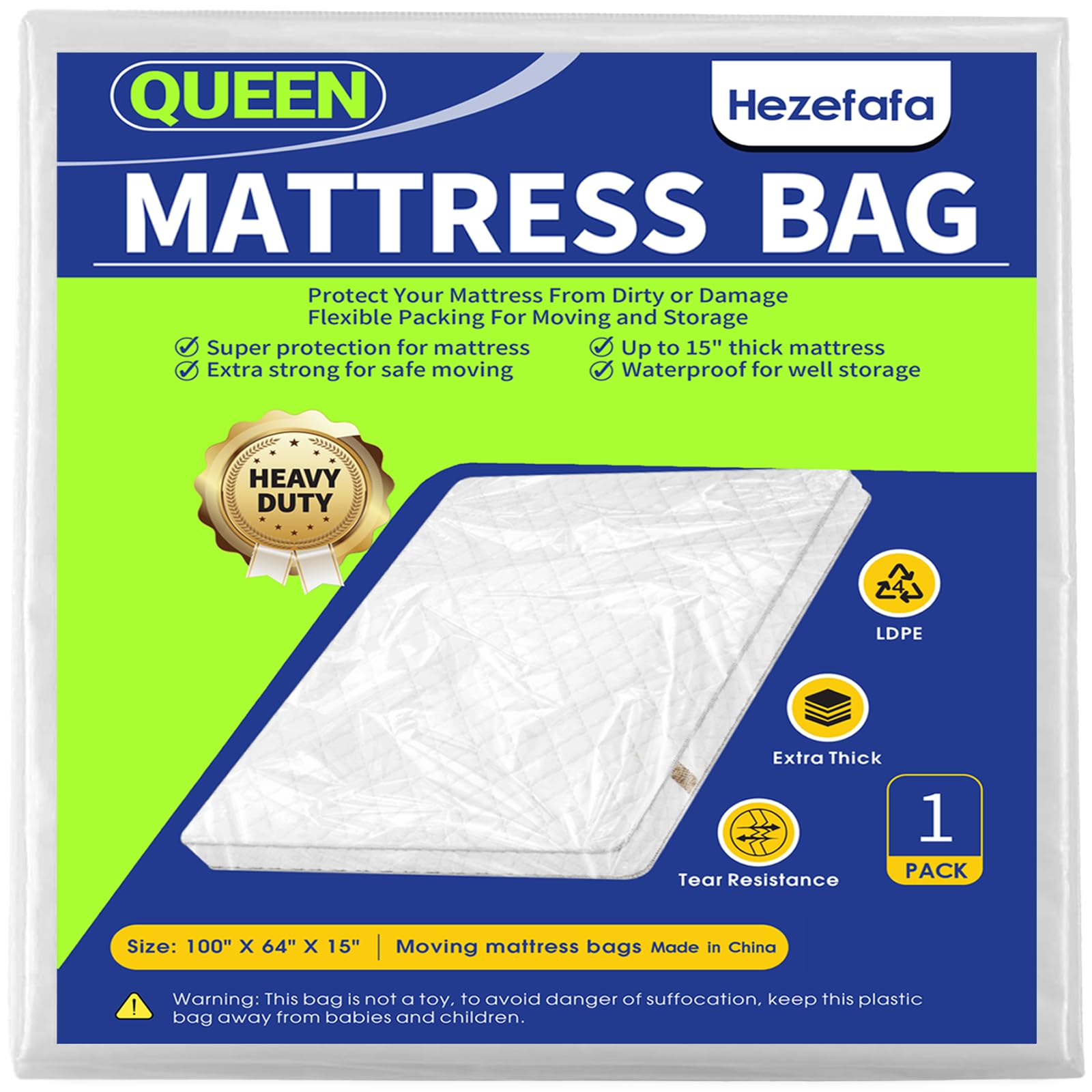 HEZEFAFA 1PK Queen Size Mattress Bag for Moving, Plastic Mattress Protector Cover, Heavy-Duty Mattress Moving Cover Bags (Strong Plastic, Queen)